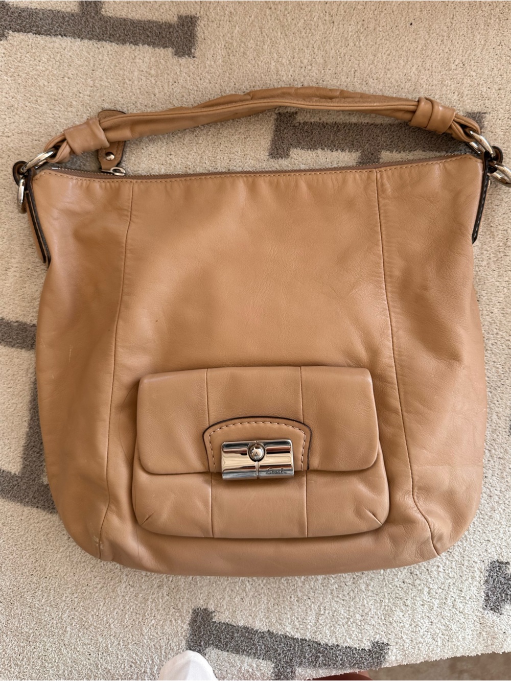 Coach Camel Tan Leather Shoulder Hobo with Front Turn-Lock